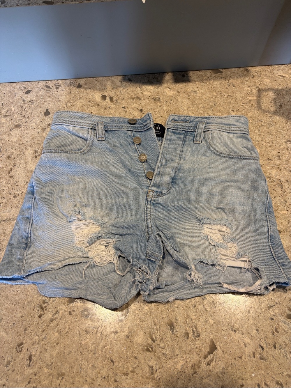 Hollister Light Blue Distressed High-Waist 3” Mom Denim Shorts, Size 0 (w24)